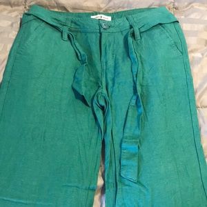 Teal wide leg, tie waist pants.